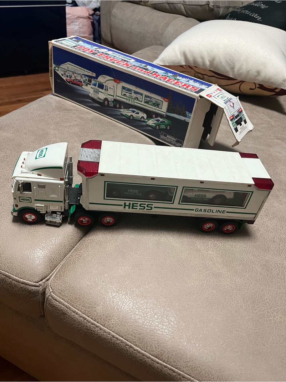 Hess White and Green Gasoline Toy Truck and Trailer - Kids Toys